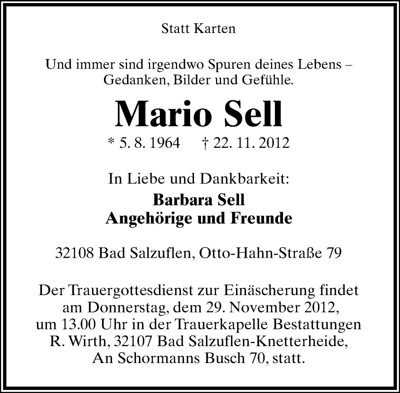  Traueranzeige für Mario Sell vom 27.11.2012 aus Lippische Landes-Zeitung