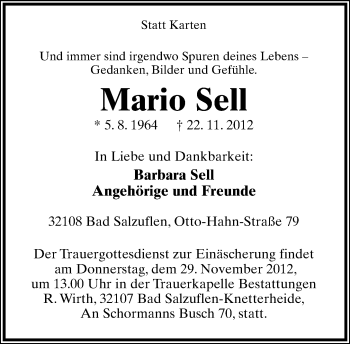 Anzeige  Mario Sell  Lippische Landes-Zeitung