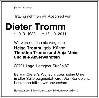 Anzeige  Dieter Tromm  Lippische Landes-Zeitung