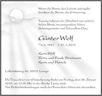 Anzeige  Günter Wolf  Lippische Landes-Zeitung