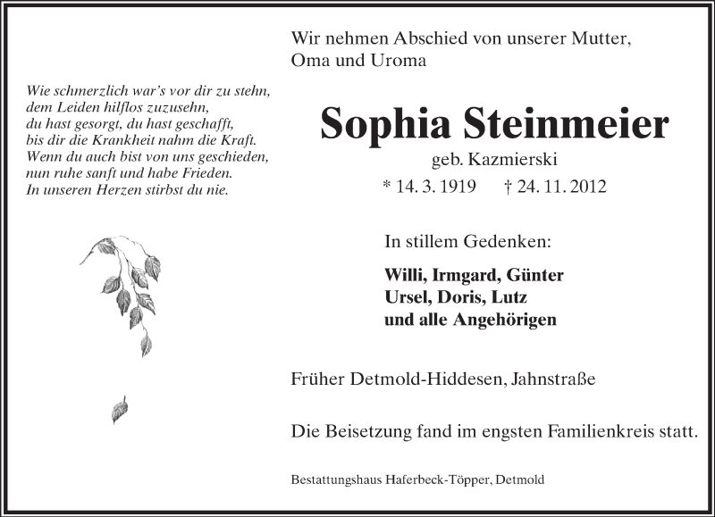  Traueranzeige für Sophia Steinmeier vom 01.12.2012 aus Lippische Landes-Zeitung