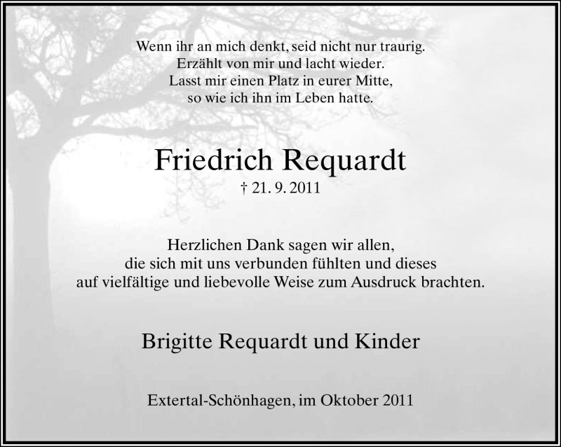  Traueranzeige für Friedrich Requardt vom 22.10.2011 aus Lippische Landes-Zeitung