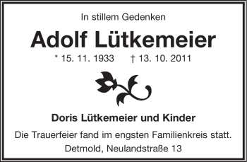 Anzeige  Adolf Lütkemeier  Lippische Landes-Zeitung