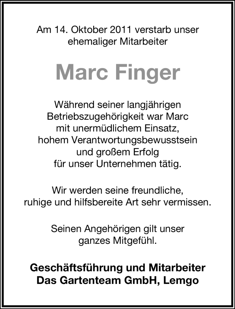 Traueranzeige für Marc Finger vom 20.10.2011 aus Lippische Landes-Zeitung