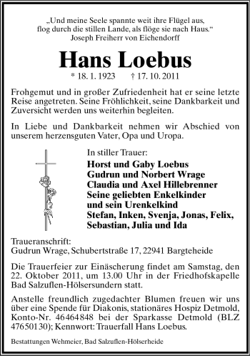 Anzeige  Hans Loebus  Lippische Landes-Zeitung