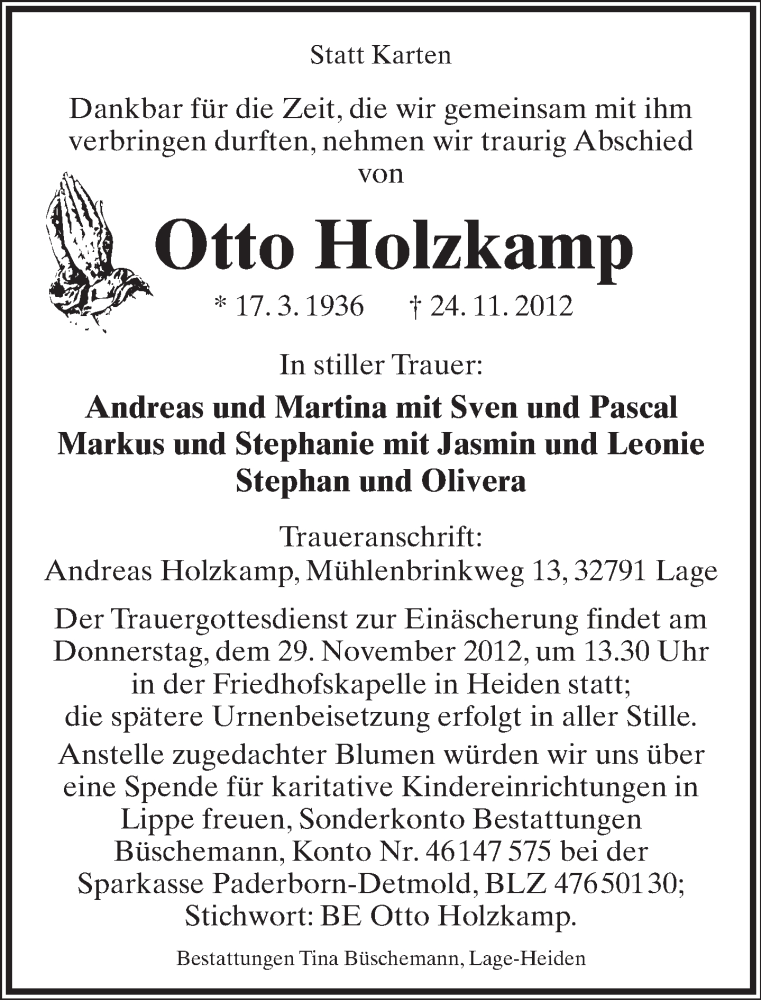 Traueranzeige für Otto Holzkamp vom 28.11.2012 aus Lippische Landes-Zeitung