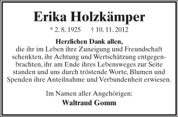 Anzeige  Erika Holzkämper  Lippische Landes-Zeitung