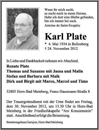 Anzeige  Karl Plate  Lippische Landes-Zeitung