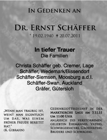 Anzeige  Ernst Schäffer  Lippische Landes-Zeitung