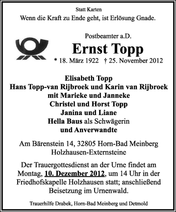 Anzeige  Ernst Topp  Lippische Landes-Zeitung