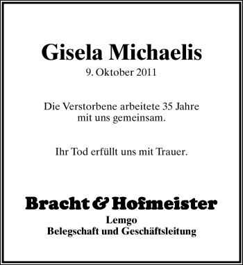 Anzeige  Gisela Michaelis  Lippische Landes-Zeitung