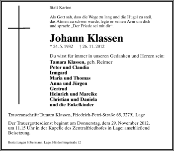 Anzeige  Johann Klassen  Lippische Landes-Zeitung