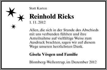 Anzeige  Reinhold Rieks  Lippische Landes-Zeitung