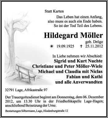 Anzeige  Hildegard Möller  Lippische Landes-Zeitung