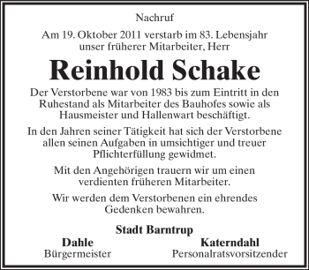 Anzeige  Reinhold Schake  Lippische Landes-Zeitung