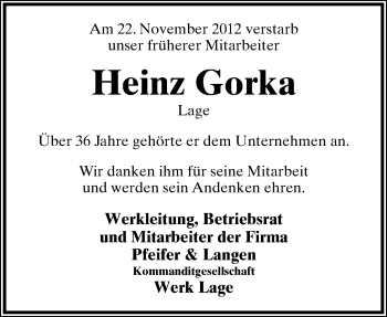 Anzeige  Heinz Gorka  Lippische Landes-Zeitung