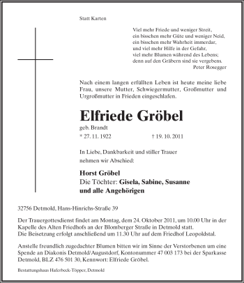 Anzeige  Elfriede Gröbel  Lippische Landes-Zeitung