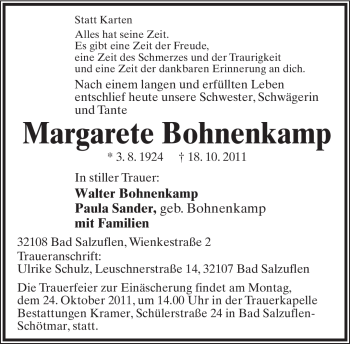 Anzeige  Margarete Bohnenkamp  Lippische Landes-Zeitung