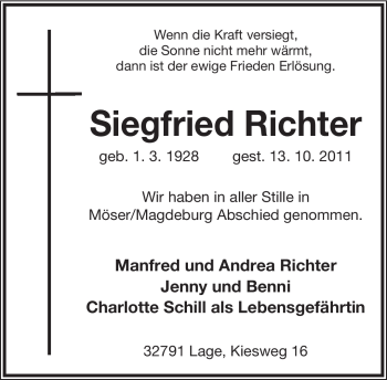 Anzeige  Siegfried Richter  Lippische Landes-Zeitung