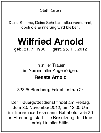 Anzeige  Wilfried Arnold  Lippische Landes-Zeitung