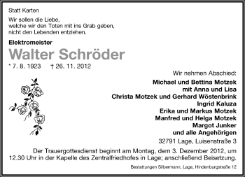 Anzeige  Walter Schröder  Lippische Landes-Zeitung