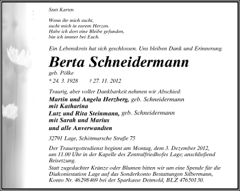 Anzeige  Berta Schneidermann  Lippische Landes-Zeitung