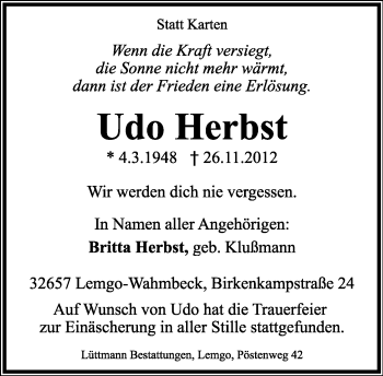 Anzeige  Udo Herbst  Lippische Landes-Zeitung