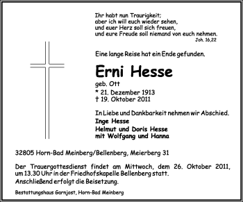 Anzeige  Erni Hesse  Lippische Landes-Zeitung