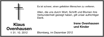 Anzeige  Klaus Ovenhausen  Lippische Landes-Zeitung