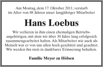 Anzeige  Hans Loebus  Lippische Landes-Zeitung