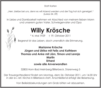 Anzeige  Willy Krösche  Lippische Landes-Zeitung