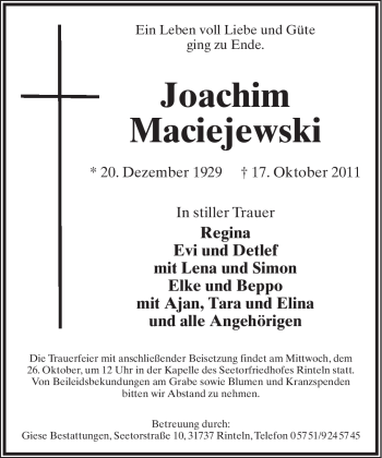 Anzeige  Joachim Maciejewski  Lippische Landes-Zeitung