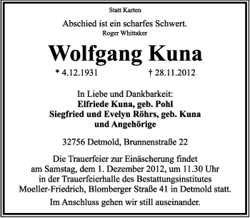 Anzeige  Wolfgang Kuna  Lippische Landes-Zeitung