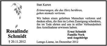 Anzeige  Rosalinde Schmidt  Lippische Landes-Zeitung