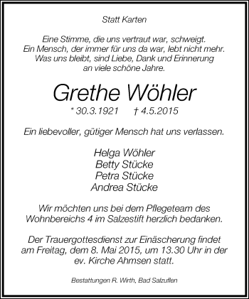 Anzeige  Grethe Wöhler  Lippische Landes-Zeitung