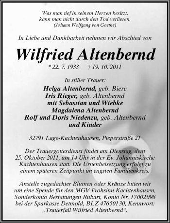 Anzeige  Wilfried Altenbernd  Lippische Landes-Zeitung