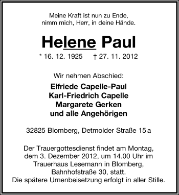 Anzeige  Helene Paul  Lippische Landes-Zeitung
