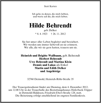 Anzeige  Hilde Behrendt  Lippische Landes-Zeitung