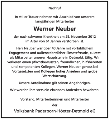 Anzeige  Werner Neuber  Lippische Landes-Zeitung