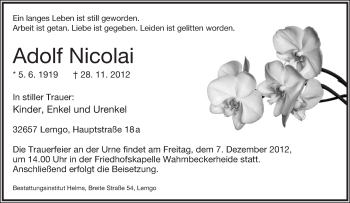 Anzeige  Adolf Nicolai  Lippische Landes-Zeitung