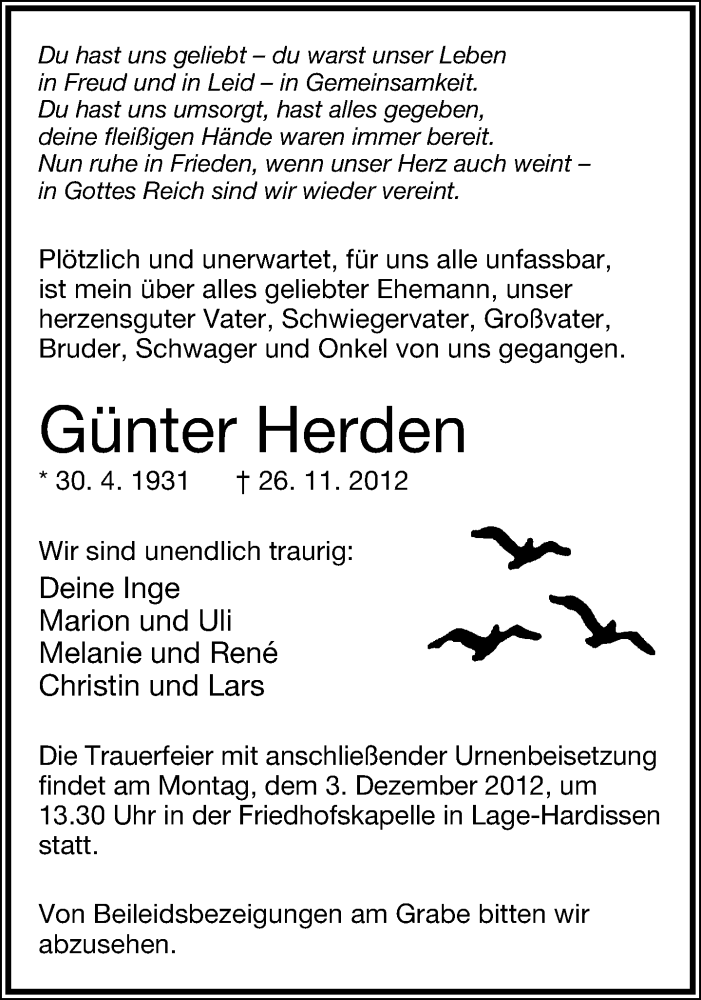  Traueranzeige für Günter Herden vom 01.12.2012 aus Lippische Landes-Zeitung