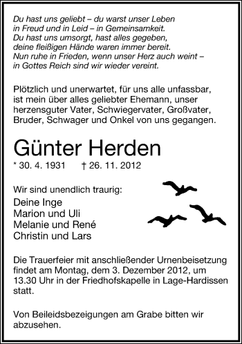 Anzeige  Günter Herden  Lippische Landes-Zeitung