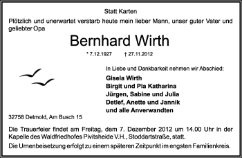 Anzeige  Bernhard Wirth  Lippische Landes-Zeitung