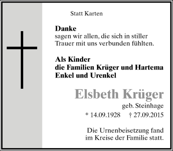 Anzeige  Elsbeth Krüger  Lippische Landes-Zeitung