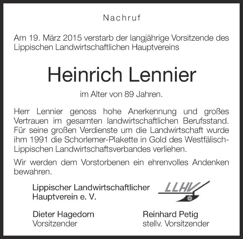  Traueranzeige für Heinrich Lennier vom 27.03.2015 aus Lippische Landes-Zeitung