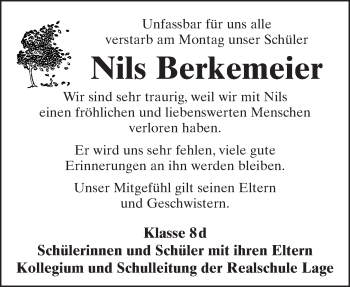 Anzeige  Nils Berkemeier  Lippische Landes-Zeitung