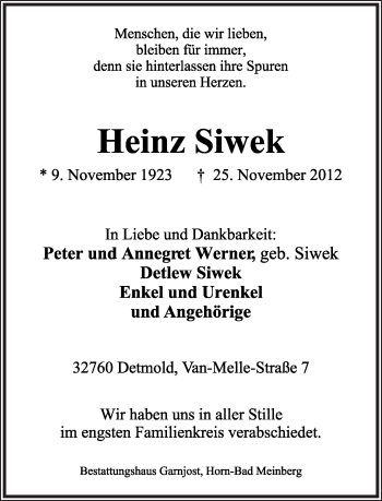Anzeige  Heinz Siwek  Lippische Landes-Zeitung