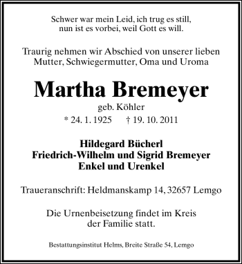 Anzeige  Martha Bremeyer  Lippische Landes-Zeitung