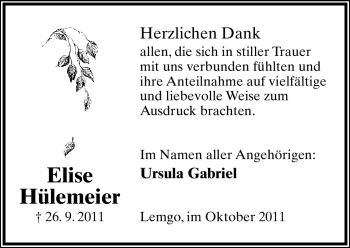 Anzeige  Elisa Hülemeier  Lippische Landes-Zeitung