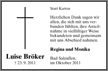 Anzeige  Luise Bröker  Lippische Landes-Zeitung